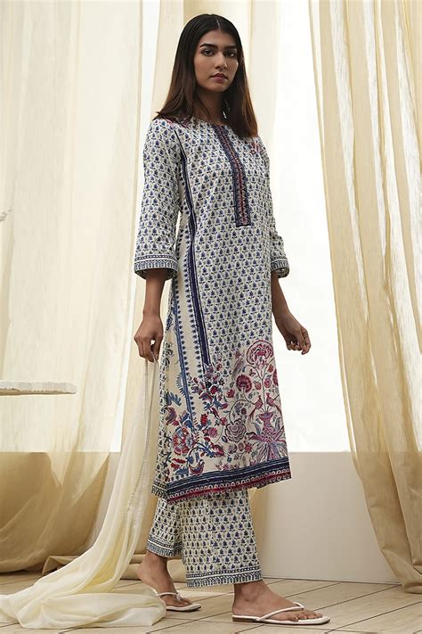 Buy Off-White Cotton Printed Straight Suit Set Online at Biba India