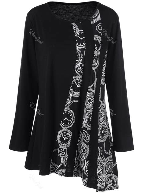 Black 2xl Plus Size Printed Asymmetric Tunic T-shirt | RoseGal.com