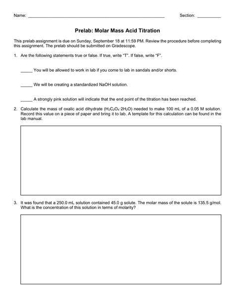 [Solved] Numbers 2 and 3 please. Name: Section: Prelab: Molar Mass Acid ...