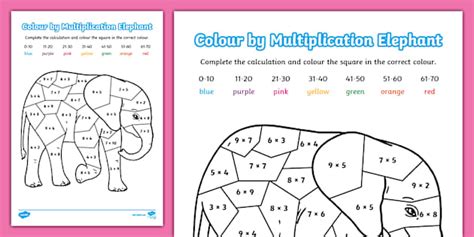 Colour by Multiplication Elephant Activity Sheet