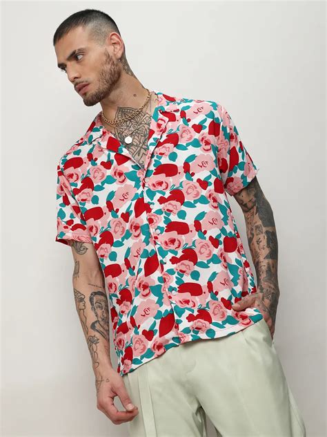 ₹797 | Campus Sutra men's Scarlet Red Rose Foliage Shirt - Campussutra