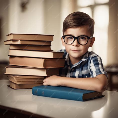 Premium AI Image | Back to School a little boy stack of books eager to learn on the table