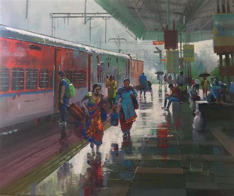 "Wet Platform 53": Steel Grey Cityscape painting by Bijay Biswaal ...