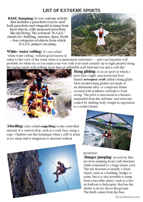 List of extreme sports: English ESL worksheets pdf & doc