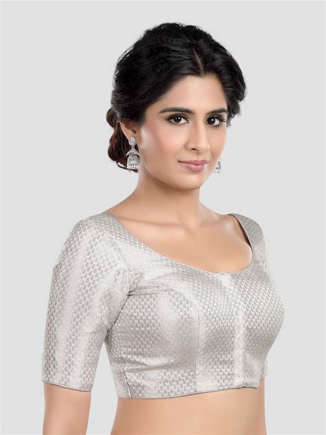 Silver Brocade Round Neck Half Sleeves Readymade Blouse