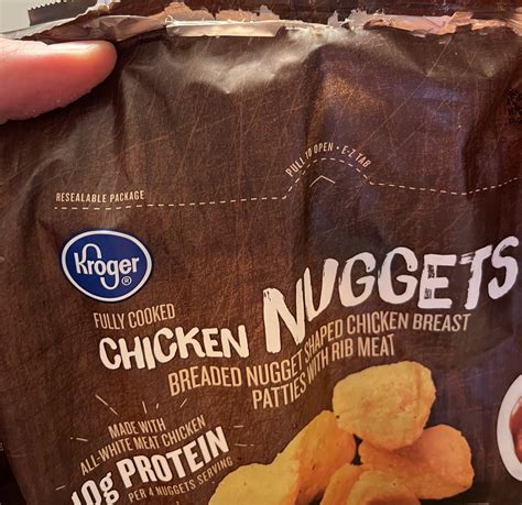 This bag of Kroger chicken nuggets with a label that says “Resealable ...