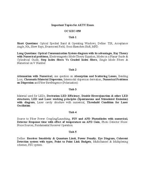 Imp. Topics for AKTU Exam OC: Short & Long Qs on Optical Comm. - Studocu