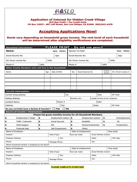 Application of Interest for Hidden Creek Village - Blank Fillable ...