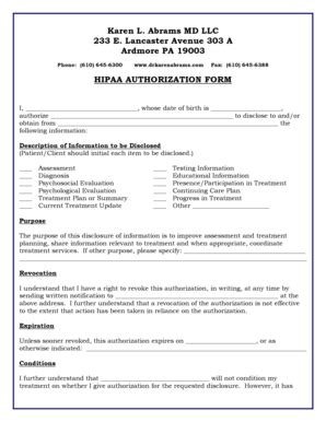Fillable Online HIPAA Authorization Form - Dr. Karen Abrams Fax Email ...