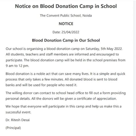 write a notice informing the students about the blood donation camp ...