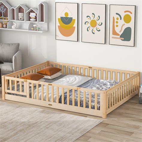 Queen Bed Frame, Floor Platform Bed with Fence Guardrails and Door, Bed ...