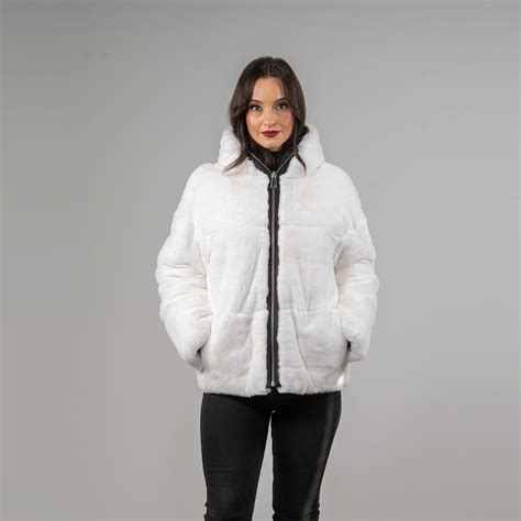 Reversible rabbit fur jacket in white color | eFurs
