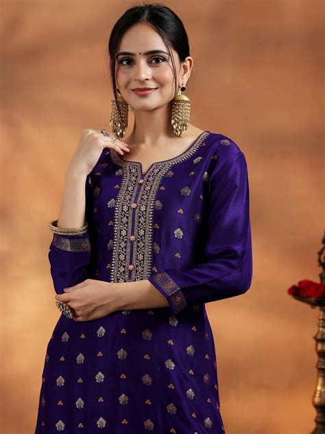 Buy Purple Woven Design Silk Blend Straight Suit With Dupatta Online at ...
