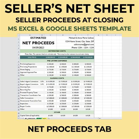 Seller Net Proceeds Sheet Template. Excel & Google Sheets. Real State ...