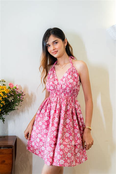 Pink Halter Neck Cotton Two Tier Dress – AMARAA