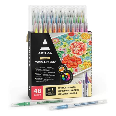 Arteza Dual Tip Brush Markers Set of 48 Art Markers with Fine and Brus ...