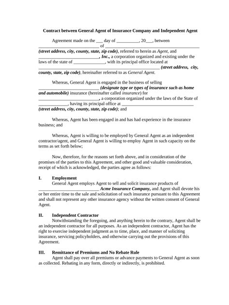 Insurance Agent Agreement - Blank Fillable Template | Fill Out, Print ...