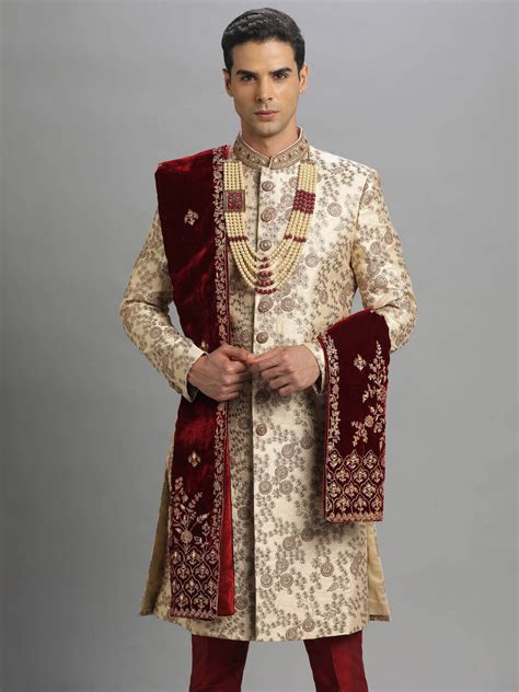 Rent Cream Velvet Red Floral Embroidered Sherwani | Elegant