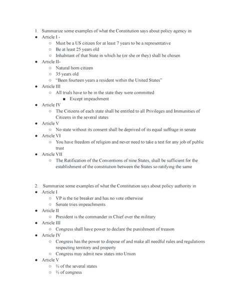 Poli Sci study guide #3 - Summarize some examples of what the Constitution says about policy ...