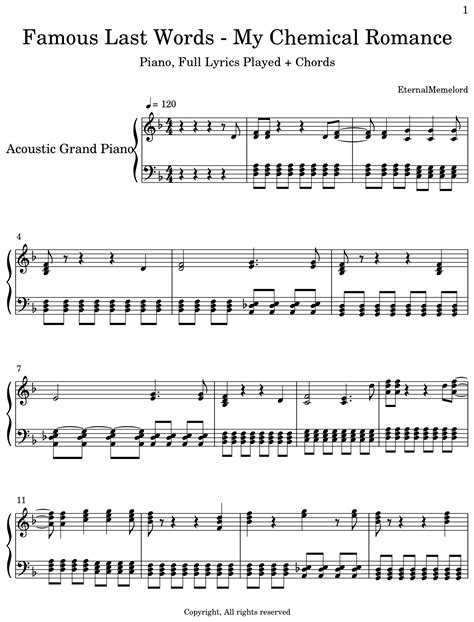 Famous Last Words - My Chemical Romance - Sheet music for Piano