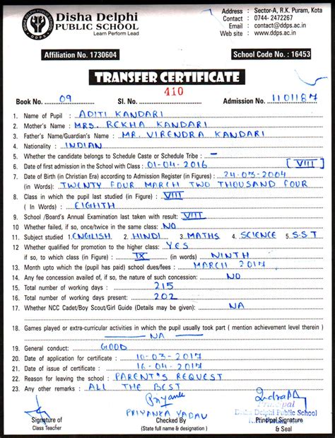 Disha Delphi Public School: TC-Issued by DDPS