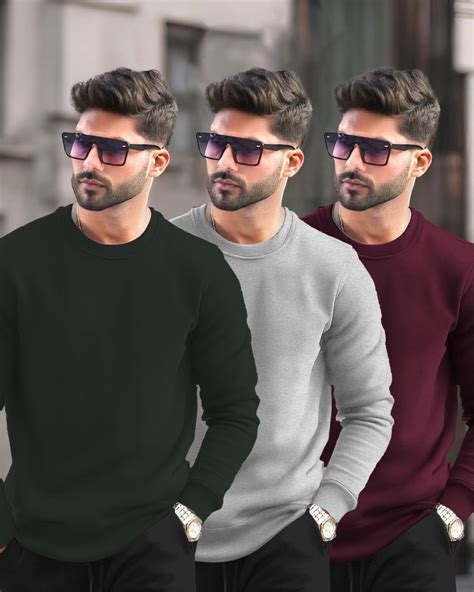 (Pack Of 3) Mens Round Neck Plain Winter Sweatshirts Olivegreen-Grey-M ...