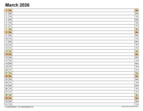 March 2026 Calendar | Templates for PDF, Excel and Word