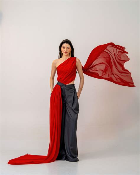 Fire & Form Set – Convertible Draped Red Top and Charcoal Trousers Co ...