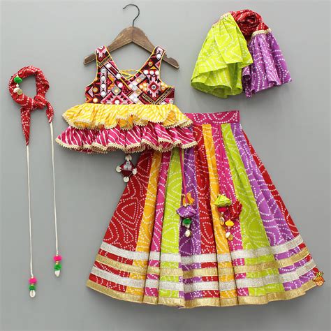 Faux Mirror Embroidered Colourful Tiered Top With Multicolour Bandhani