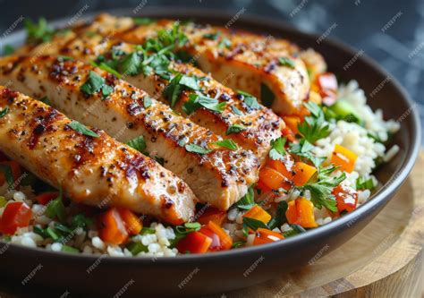 Premium Photo | Grilled chicken breast with brown rice and vegetables