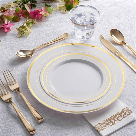 125-Piece White and Gold Fancy Plastic Plates Disposable with ...