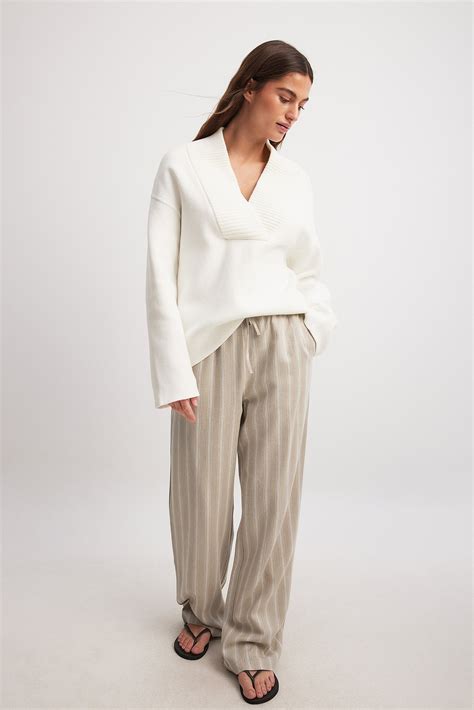 Striped Elastic Waist Linen Pants Green | NA-KD