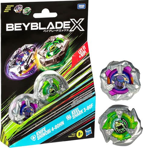 BEYBLADE X Knife Shinobi 4-80HN and Keel Shark 3-80F Dual Pack Set with 2 Right-Spinning Tops ...