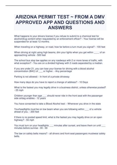 ARIZONA PERMIT TEST ~ FROM A DMV APPROVED APP AND QUESTIONS AND ANSWERS ...
