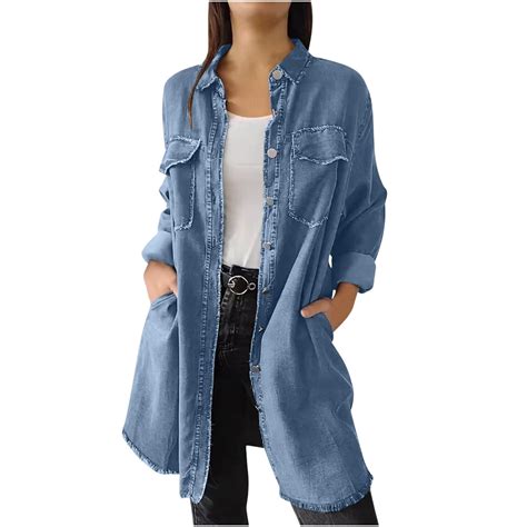 Zpanxa Denim Jacket for Women Classic Long Jean Jacket Plus Size Loose ...