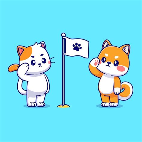 Słodki kot i urocza shiba inu szanuj łapa flaga kreskówka wektor ikona ...