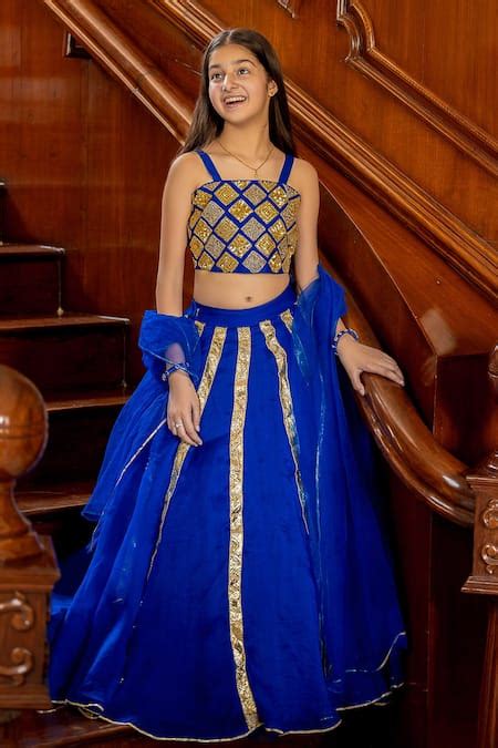 Buy Blue Silk Organza, Net Gota Patti, Sequins Embroidered Lehenga Set ...
