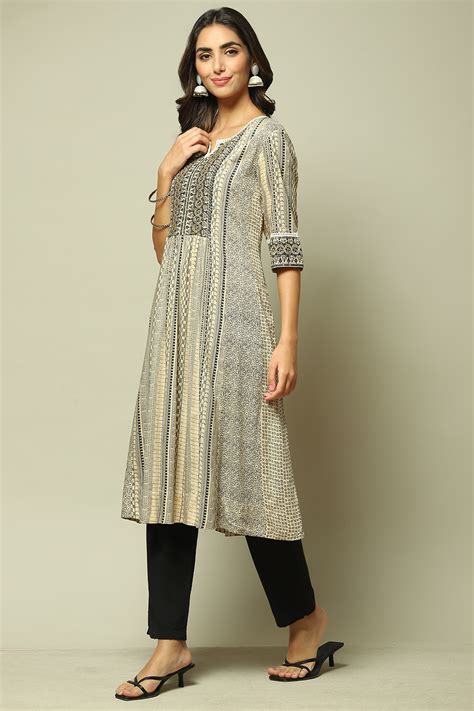 Beige & Black Rayon Straight Printed Kurta