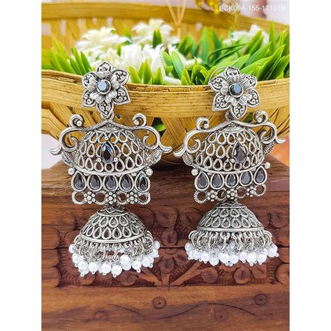 Buy GRIIHAM Black Stone Silver Plated Oxidised Earring Online