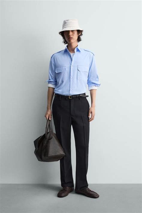 SHIRT WITH SHOULDER TABS - Faded sky blue | ZARA India
