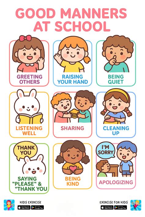 Good Manners at School Chart | Kawaii Kids Printable Poster | Manners ...