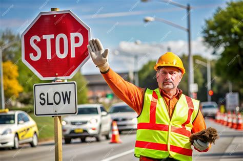 Premium Photo | Traffic Control Flagger with Slow Sign