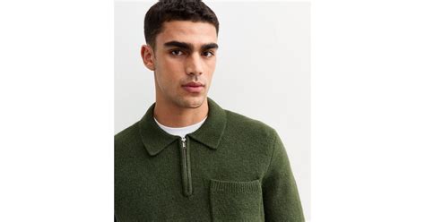 Green Relaxed Quarter Zip Polo Collar Jumper | New Look