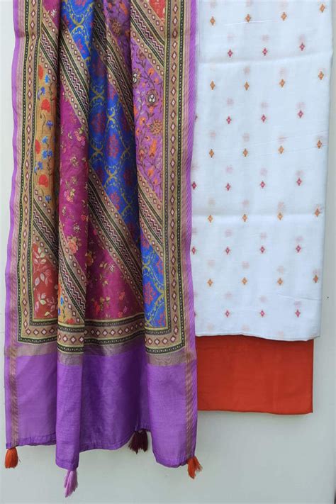 Buy White Chanderi Suits With Multicolor Chanderi Silk Digital Print ...