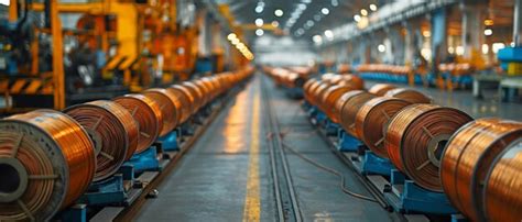 Shiny windings of copper cable at the manufacturing plant warehouse ...