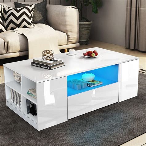 High Gloss Coffee Table, Coffee Table with Storage, White Coffee Table ...