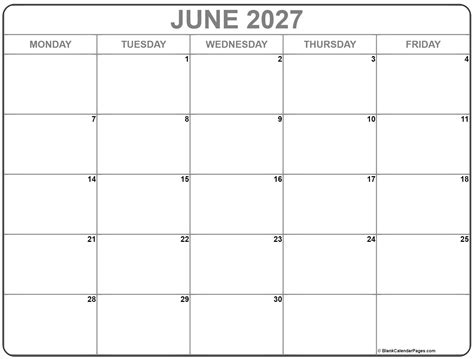 June 2027 Monday Calendar | Monday to Sunday