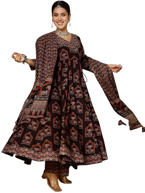 Buy GEKHA Women's Black Printed Flared Kurta with Pant and Printed ...