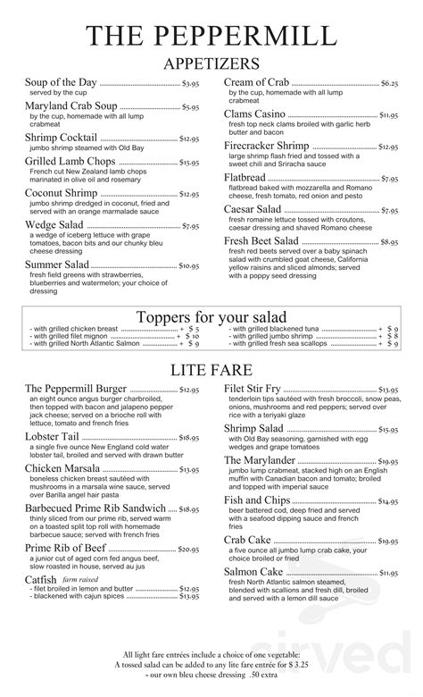 The Peppermill menu in Timonium, Maryland, USA