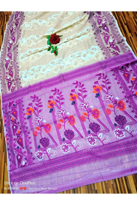 Jamdani Saree with all over Floral work- Cream & Purple – Soul India